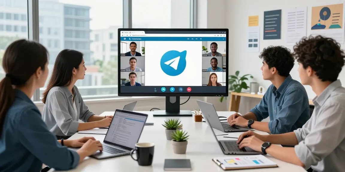 Team collaborating in a modern workspace, showcasing the Telegram Web Version for effective communication.
