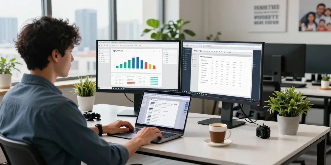 Download WPS Office in a modern workspace with dual monitors and productivity tools.