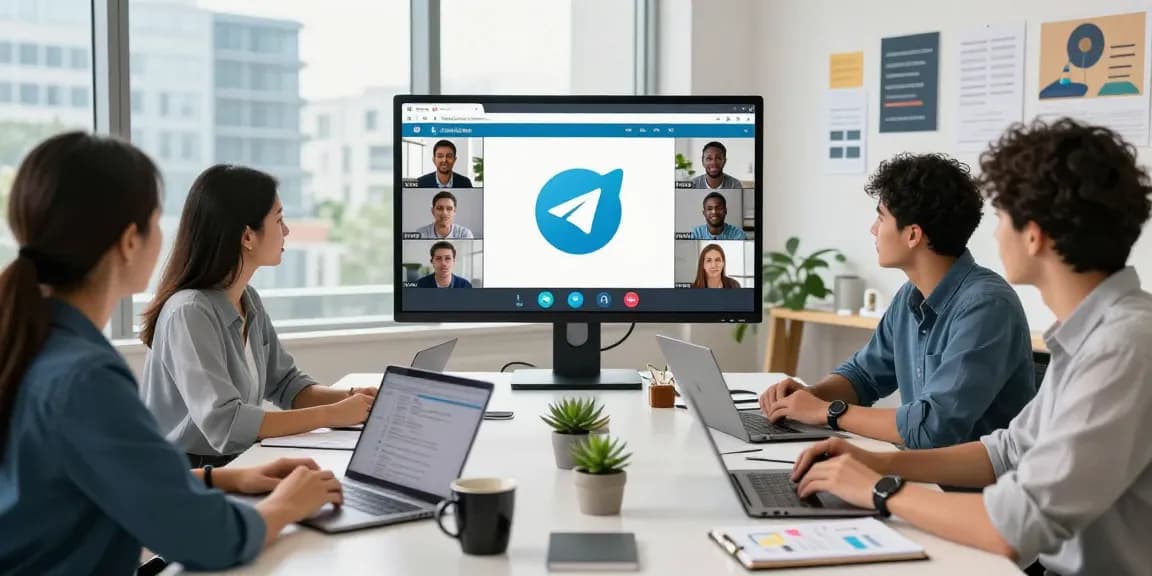 Team collaborating in a modern workspace, showcasing the Telegram Web Version for effective communication.