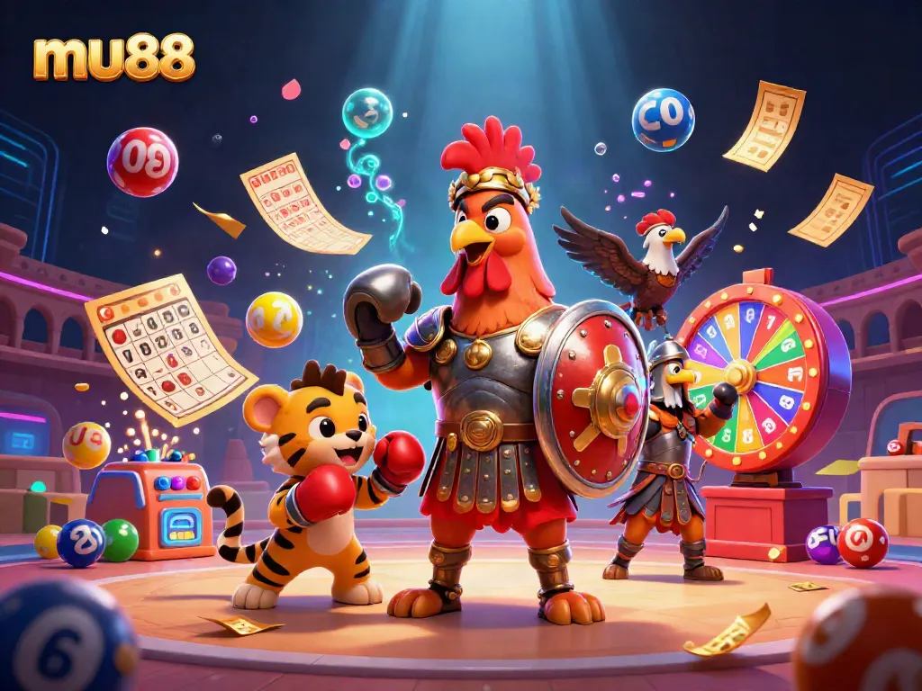 Engage with mu88's vibrant gambling experience featuring a gladiator rooster, tiger cub, and eagle in a dynamic casino scene.