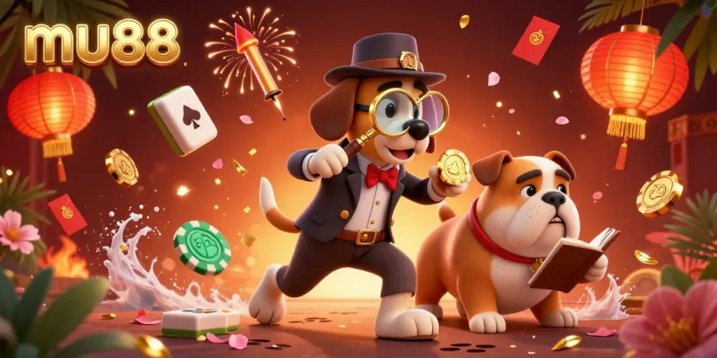 Experience thrilling poker action with mu88 as a detective bloodhound and bulldog uncover hidden treasures in this vibrant casino scene.