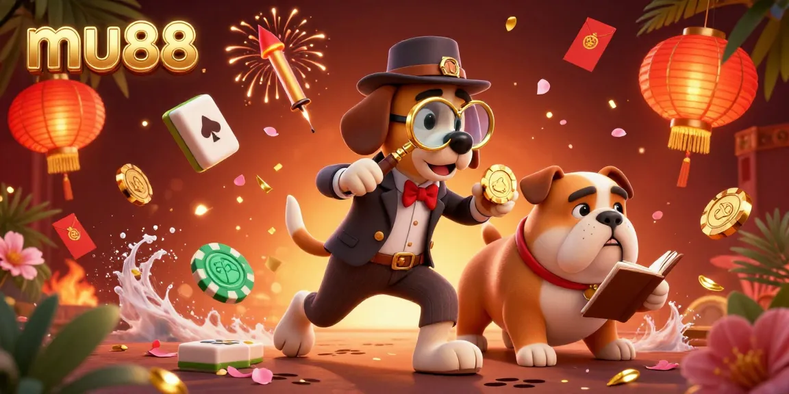 Experience thrilling poker action with mu88 as a detective bloodhound and bulldog uncover hidden treasures in this vibrant casino scene.