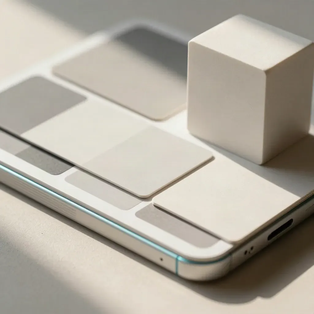 Modell av responsiv layout med geometriska kort och mobilram i ljus studiobelysning