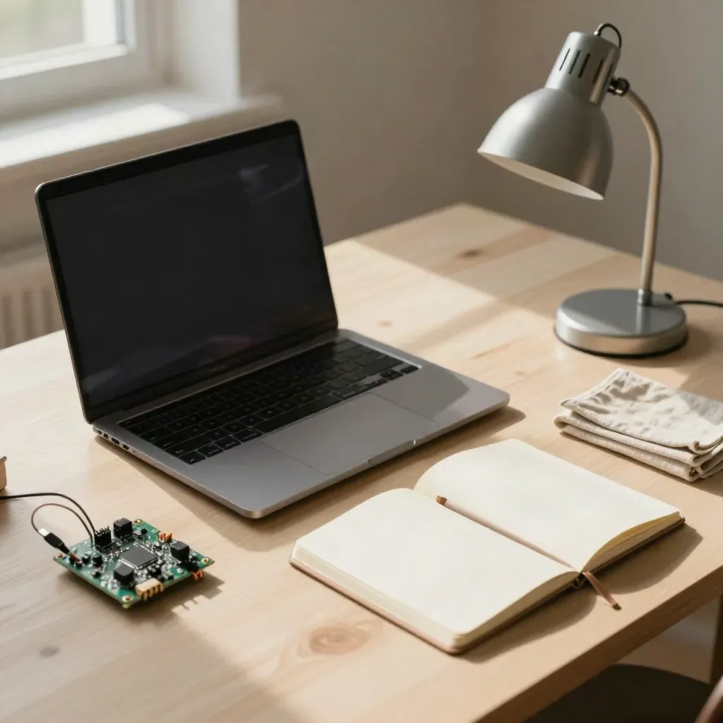 Python-startkit med laptop, tangentbord och mikrokontroller på ljus träyta i varmt morgonljus.