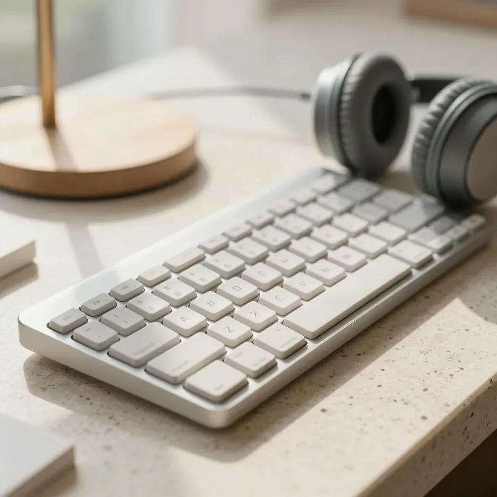 Makrobild av färgflikar, kompakt tangentbord, lampfot och hörlurar på travertin.