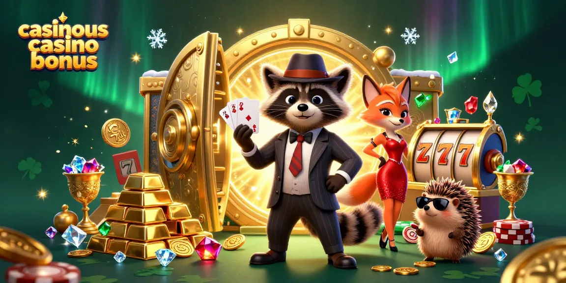 Explore exciting features of casinous casino bonus with vibrant characters amidst a treasure-filled casino.