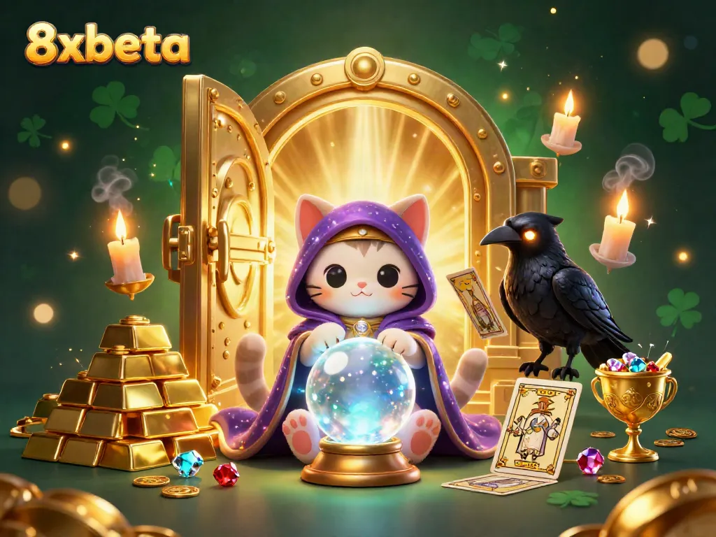 Immerse in the magic of 8xbeta with vibrant casino-themed characters and treasures in an enchanting 3D scene.