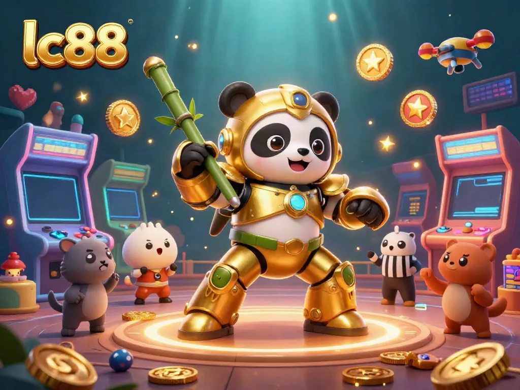 Engage in excitement at lc88 with an epic gaming showdown featuring a mech-suit panda and vibrant casino elements.