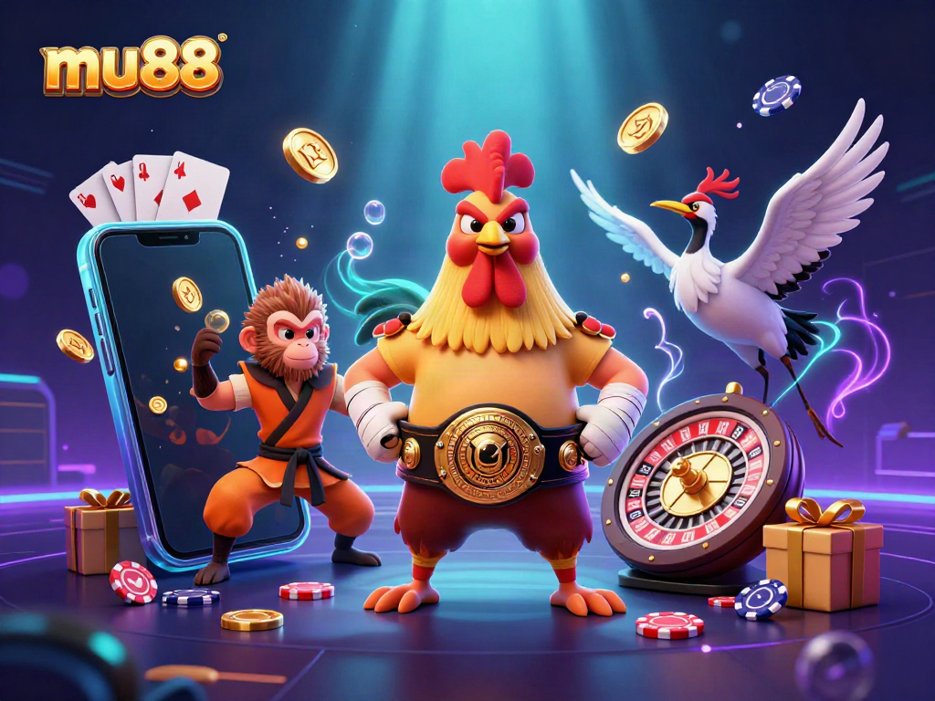 Experience mu88 with vibrant characters in a dynamic casino scene, featuring slot games and gold coins.
