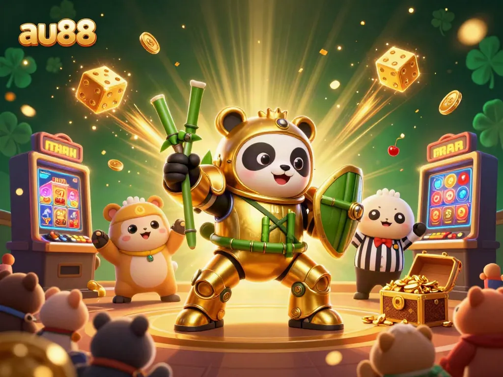 Experience the exciting world of au88 with a dynamic 3D casino scene filled with gold and amazing game elements.