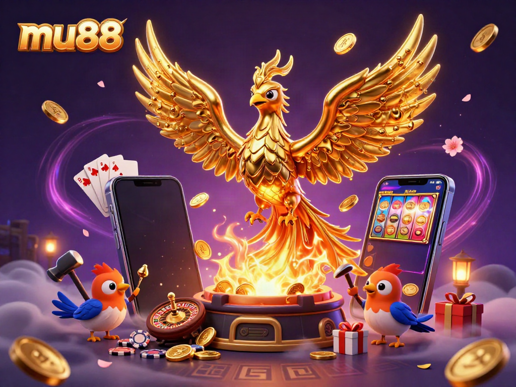 Experience thrilling gameplay with mu88's golden phoenix and vibrant casino elements.