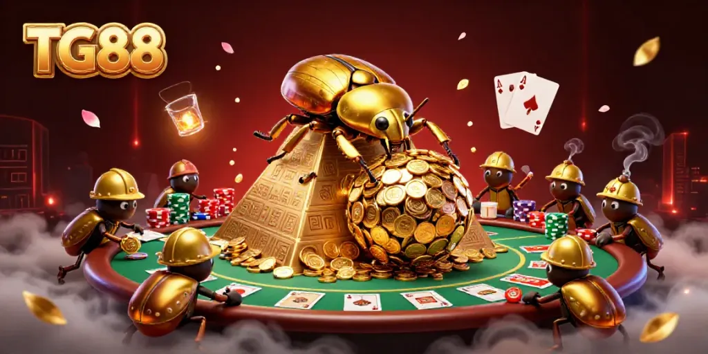 Experience thrilling gameplay with TG88's dynamic casino scene, featuring golden coins and poker elements.
