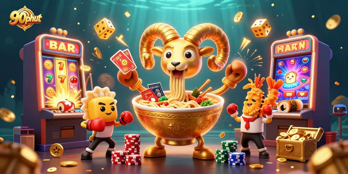 Experience thrilling sports betting action with 90phut's vibrant casino illustration showcasing dynamic game elements.